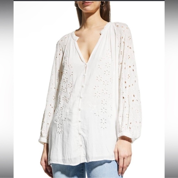 Johnny Was Tops - JOHNNY WAS White Chise Floral Eyelet Button Down Shirt Size: S